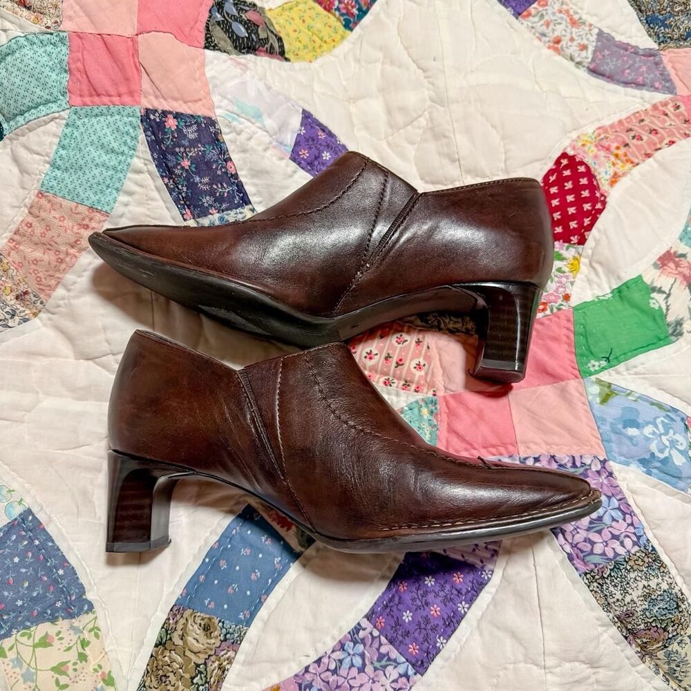 chocolate brown leather heeled square toe booties